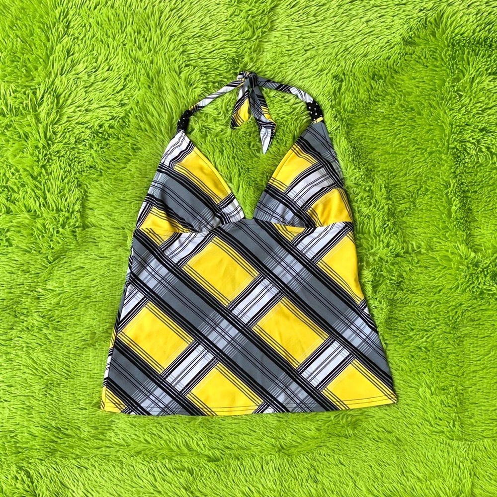 Black and yellow plaid tankini top by beach stop